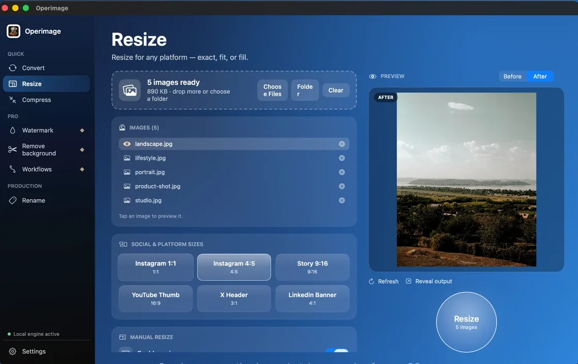 Operimage on a Mac: five photos loaded in the Resize tool with Instagram, Story and YouTube size presets