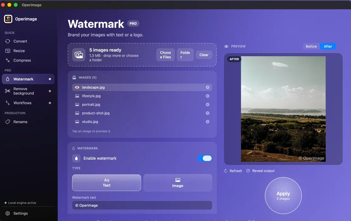 Operimage Watermark window: Operimage's Watermark tool: enable the watermark, choose Text or Image, set placement, opacity, size and padding, then compare Before and After on several photos before clicking Apply.